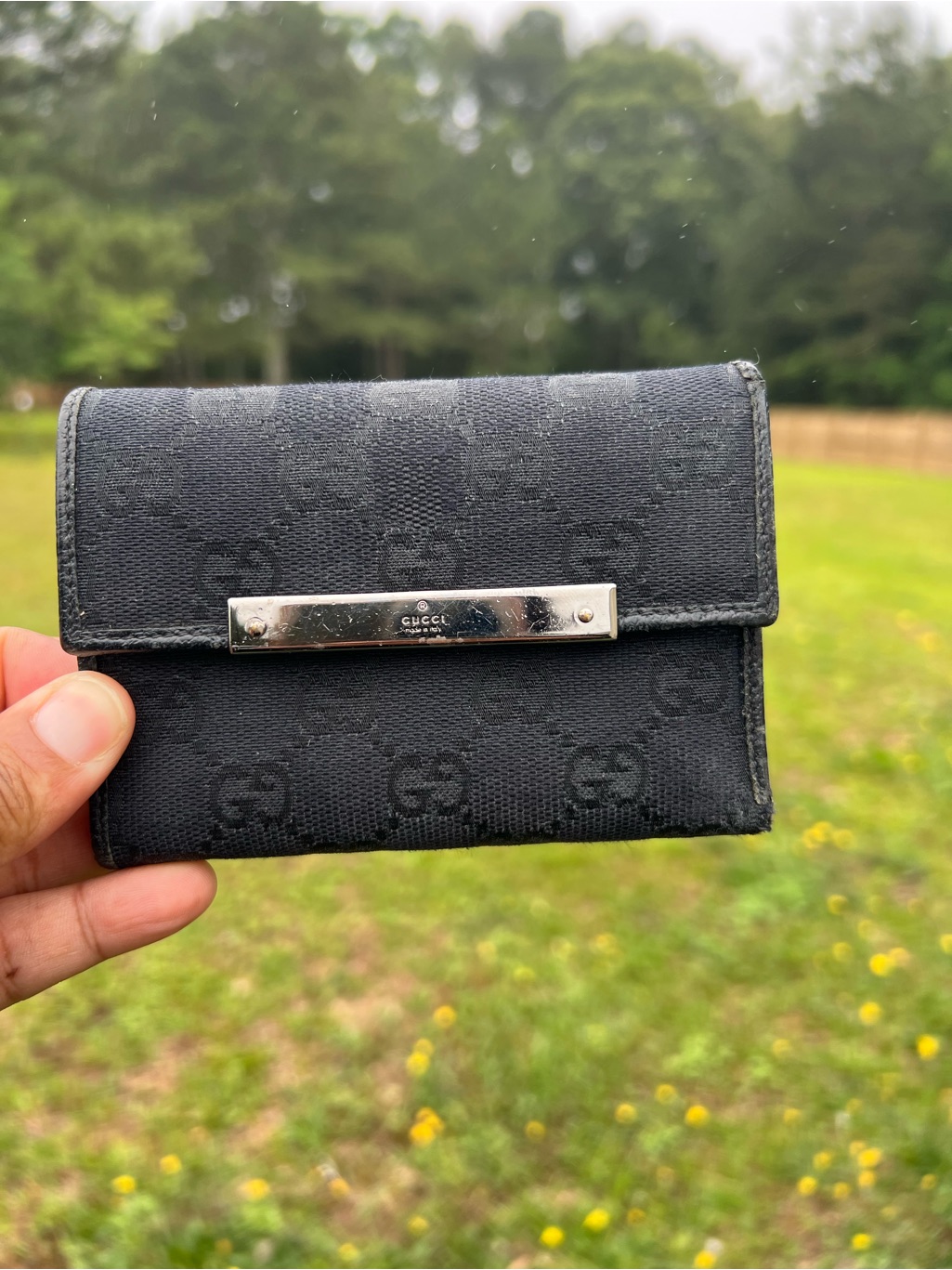 Gucci Black Monogram Canvas Wallet With Silver-Tone Plaque